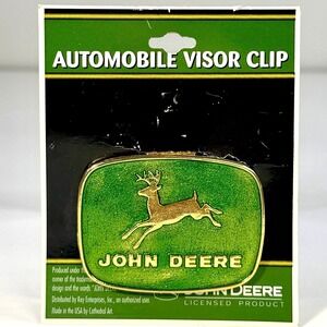 John Deere Automobile Visor Clip Enameled Green Gold Leaping Deer 1956 Logo NEW